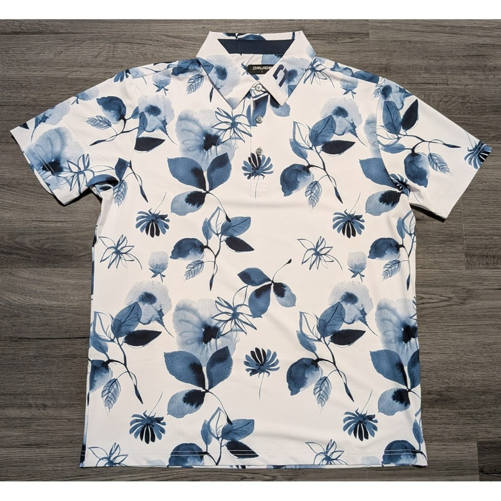 Druids Men's WHite‎ Blue Floral Print Performance Golf Poly Size Large